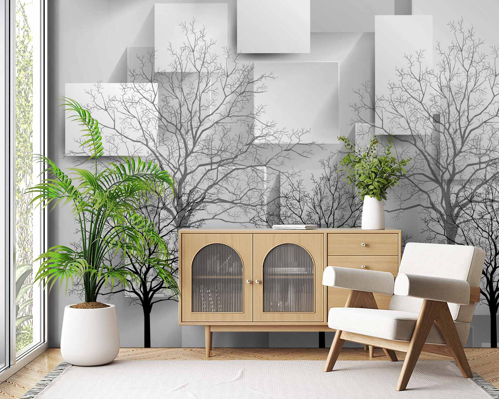 Papier peint arbres nus sur fond de formes abstraites