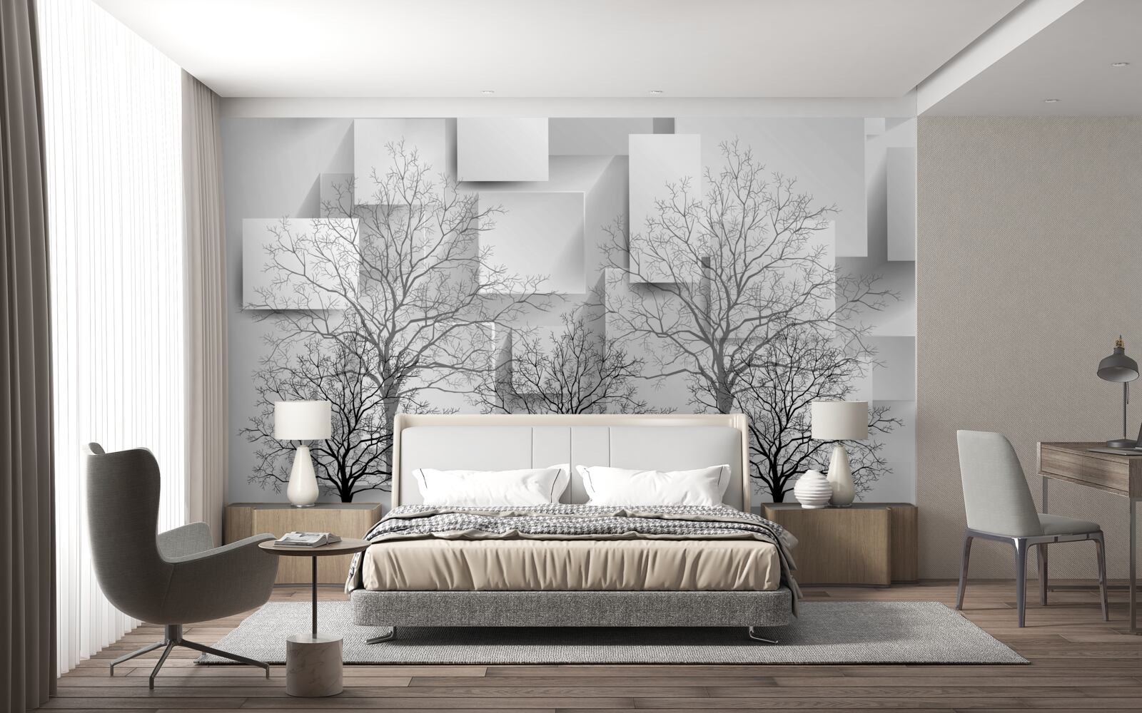 Papier peint arbres nus sur fond de formes abstraites