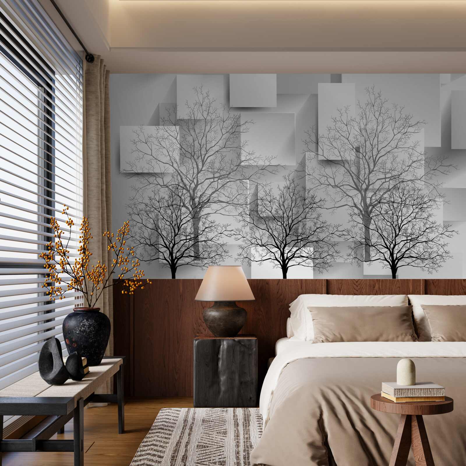 Papier peint arbres nus sur fond de formes abstraites