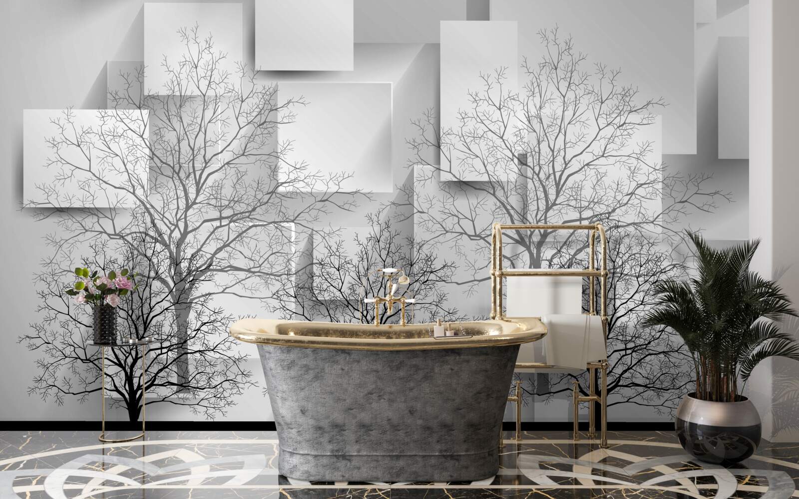 Papier peint arbres nus sur fond de formes abstraites