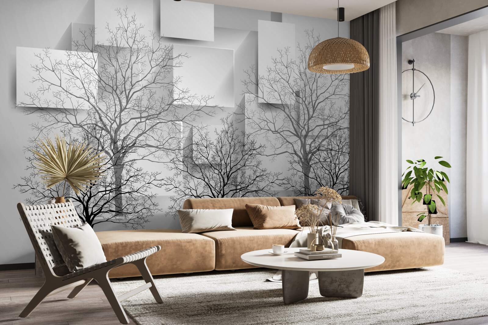 Papier peint arbres nus sur fond de formes abstraites