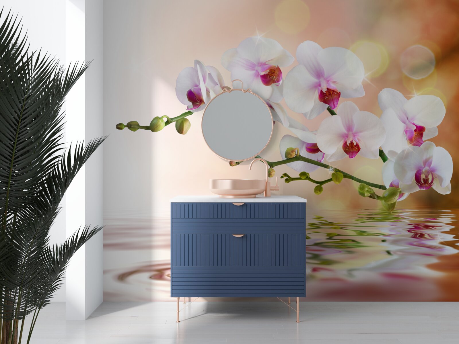 Papier peint branche d'orchidée blanche se reflétant dans l'eau