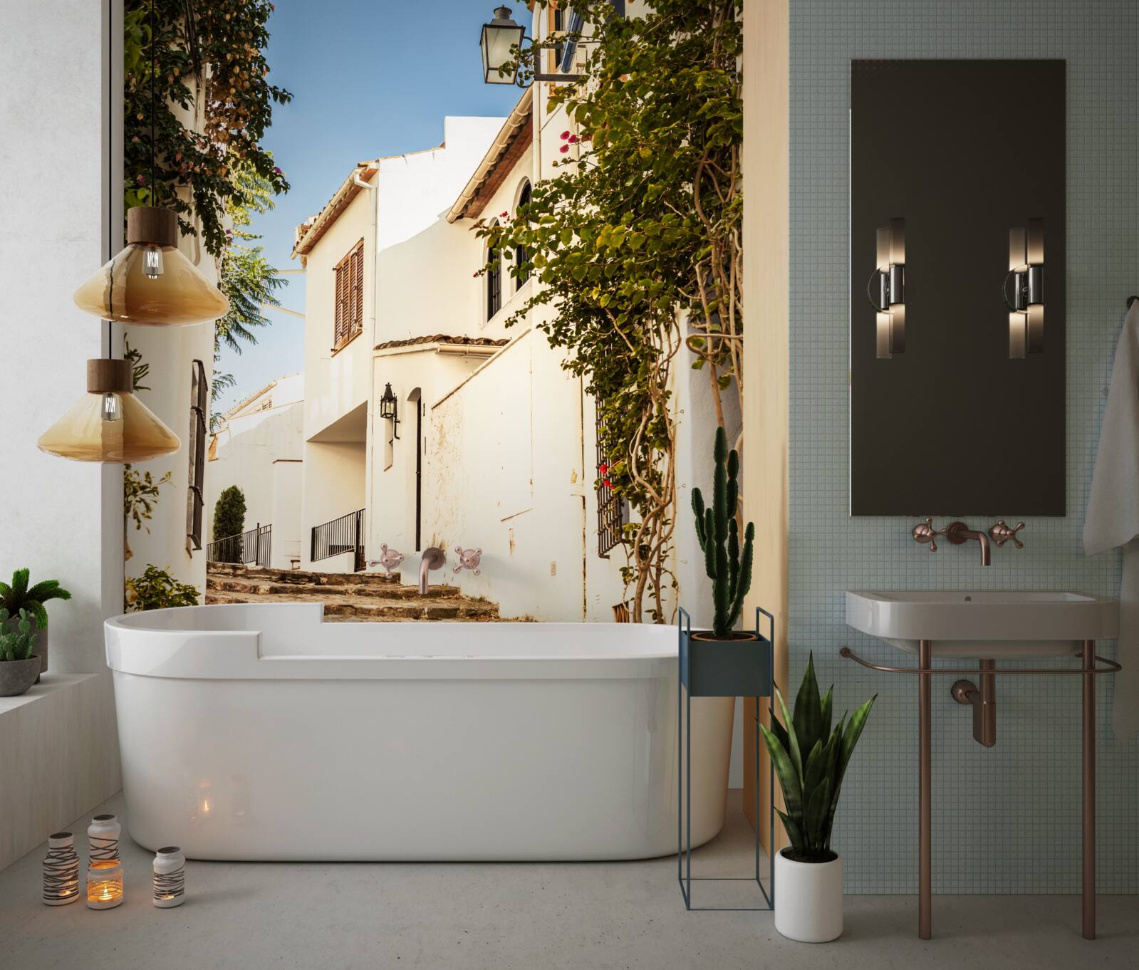 Papier peint verdure dans une rue ancienne en grèce