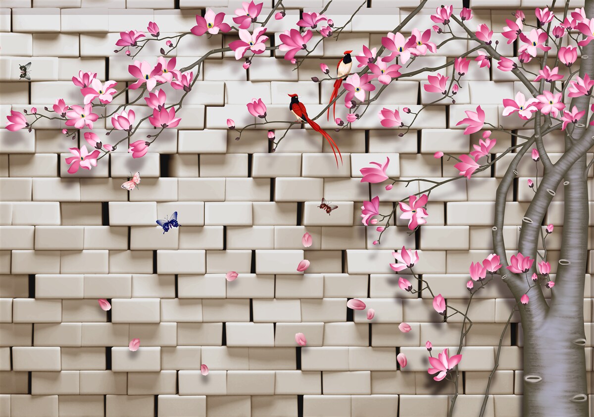 Papier peint sakura a fleuri contre un mur de briques