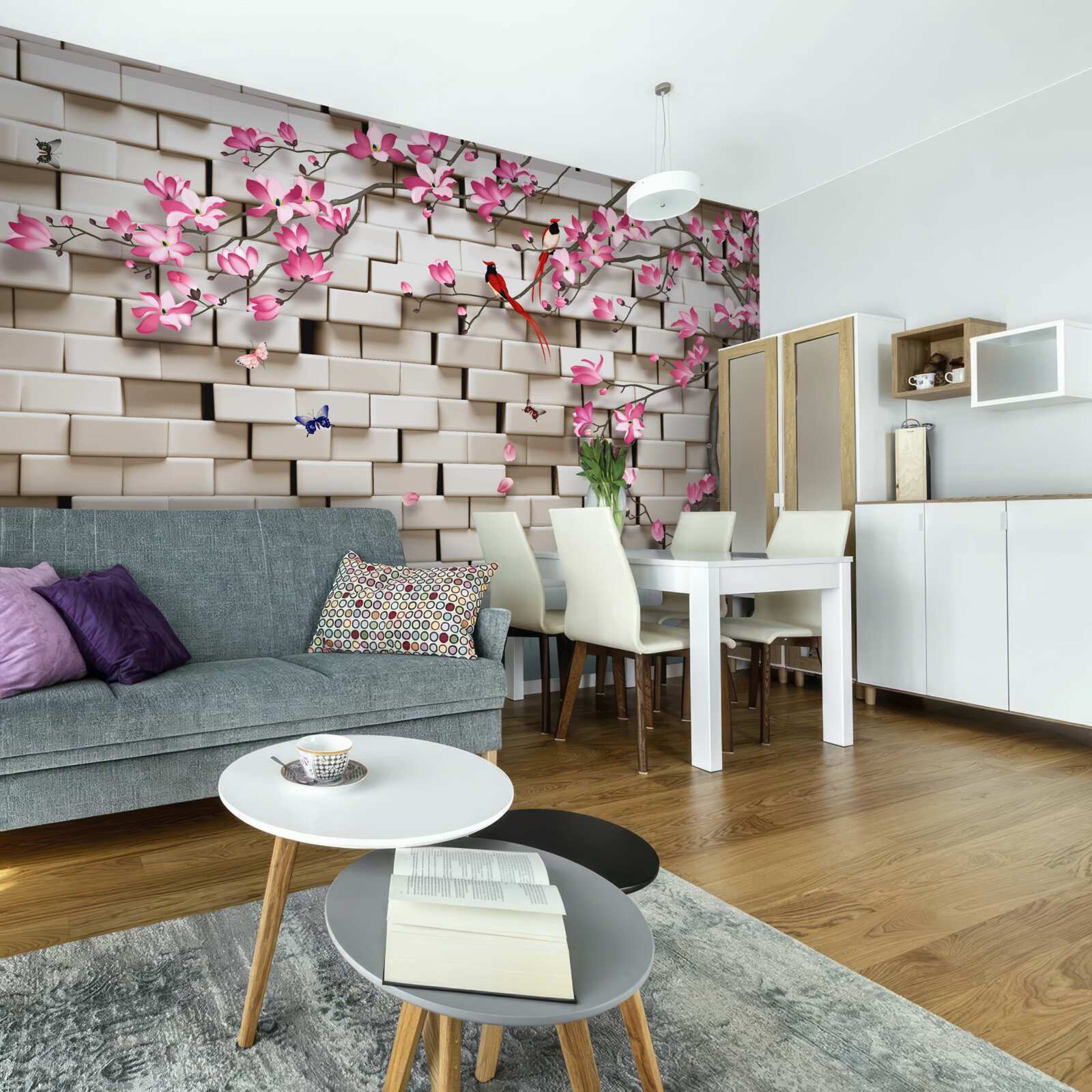 Papier peint sakura a fleuri contre un mur de briques