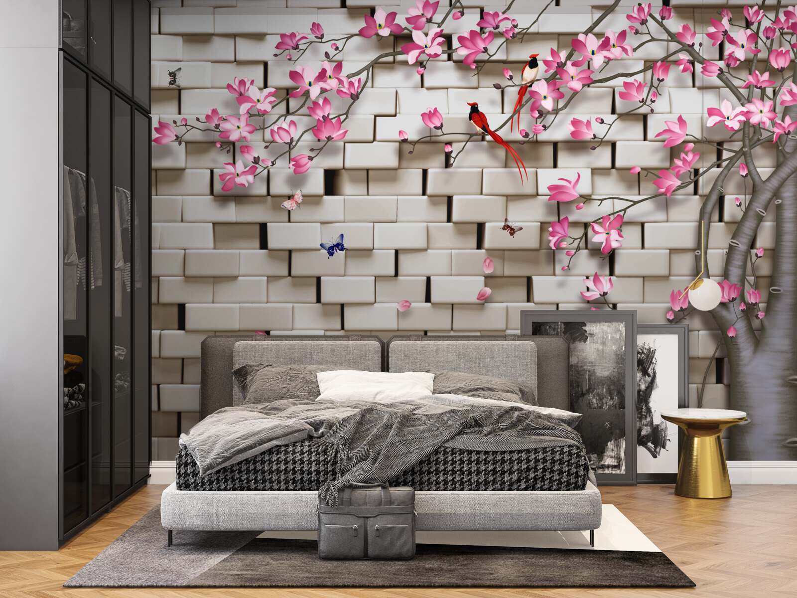 Papier peint sakura a fleuri contre un mur de briques