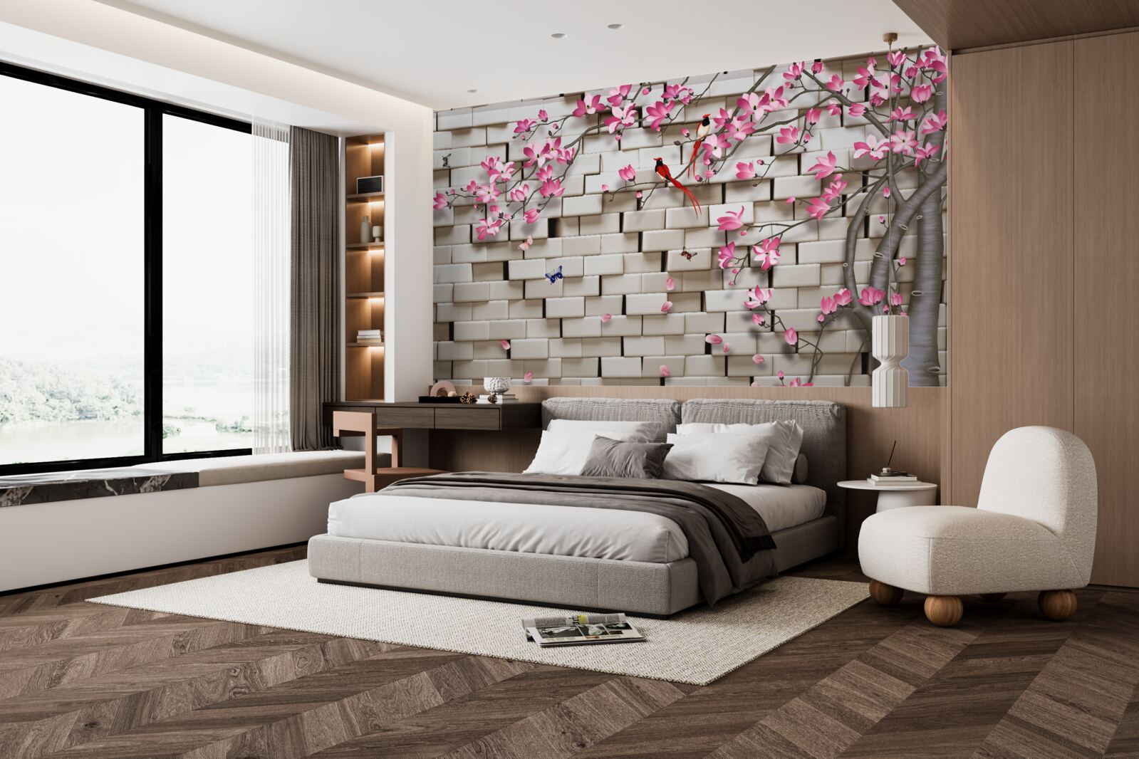 Papier peint sakura a fleuri contre un mur de briques