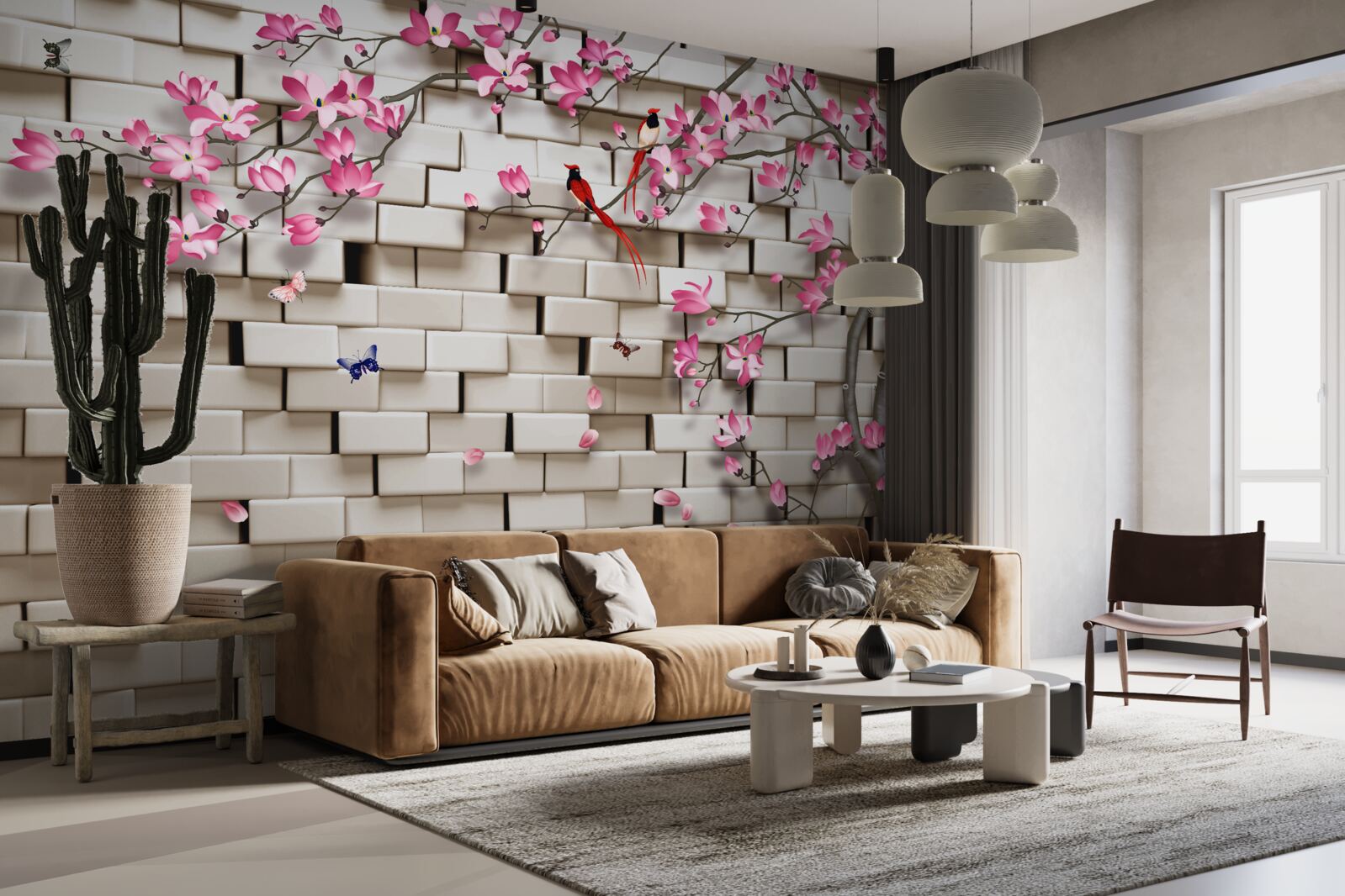 Papier peint sakura a fleuri contre un mur de briques