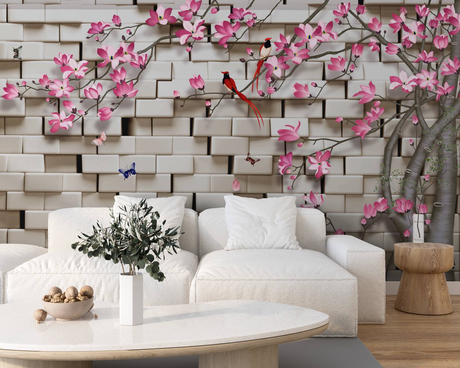 Papier peint sakura a fleuri contre un mur de briques