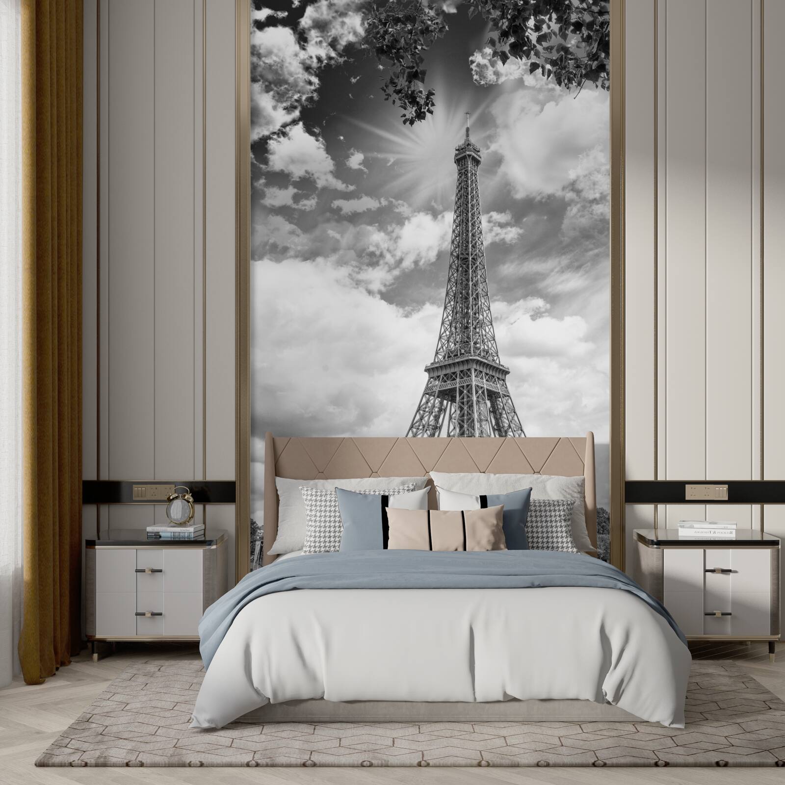 Papier peint tour eiffel en noir et blanc au soleil