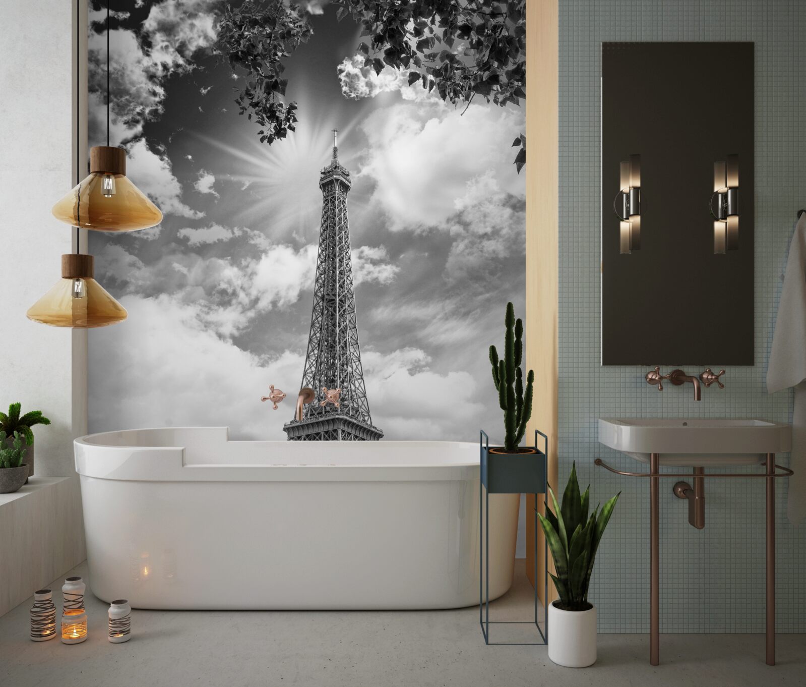 Papier peint tour eiffel en noir et blanc au soleil