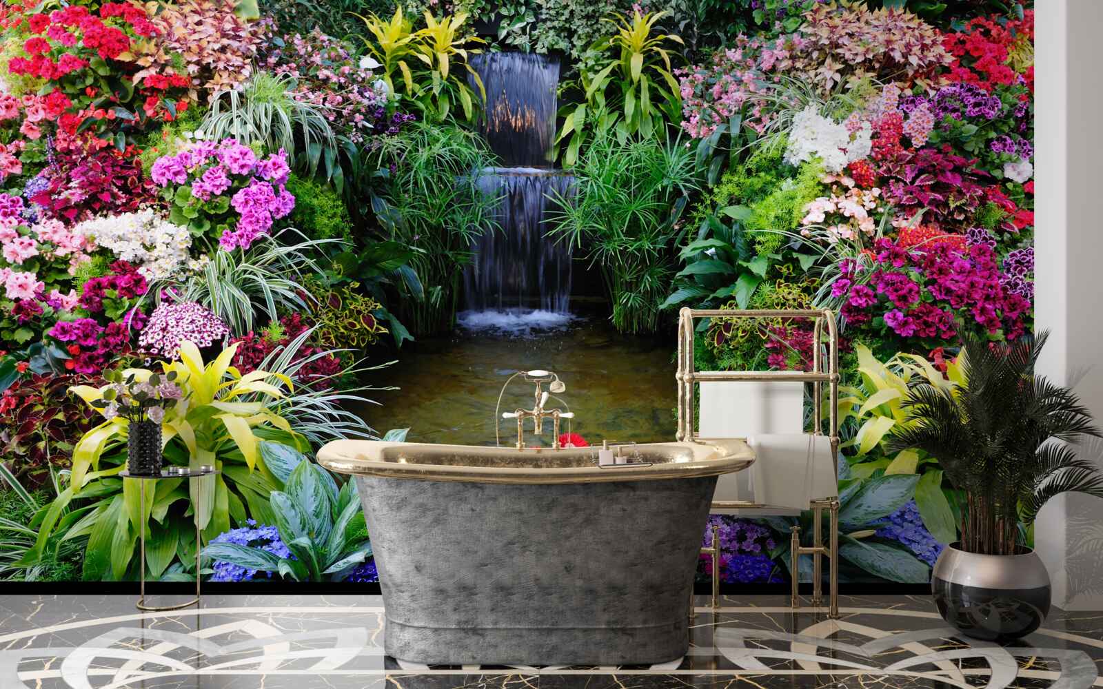 Papier peint fleurs tropicales près d'une cascade de montagne