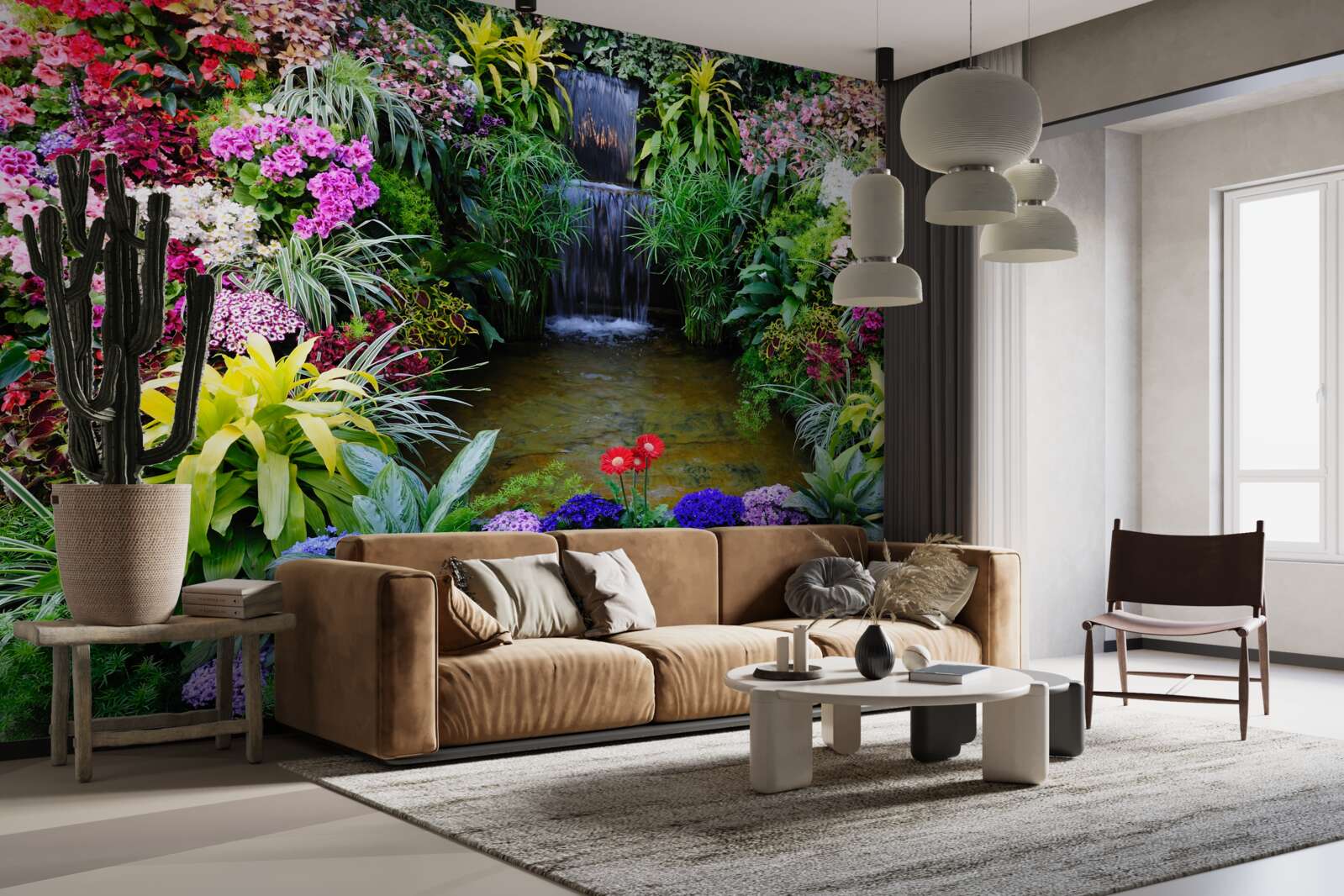 Papier peint fleurs tropicales près d'une cascade de montagne