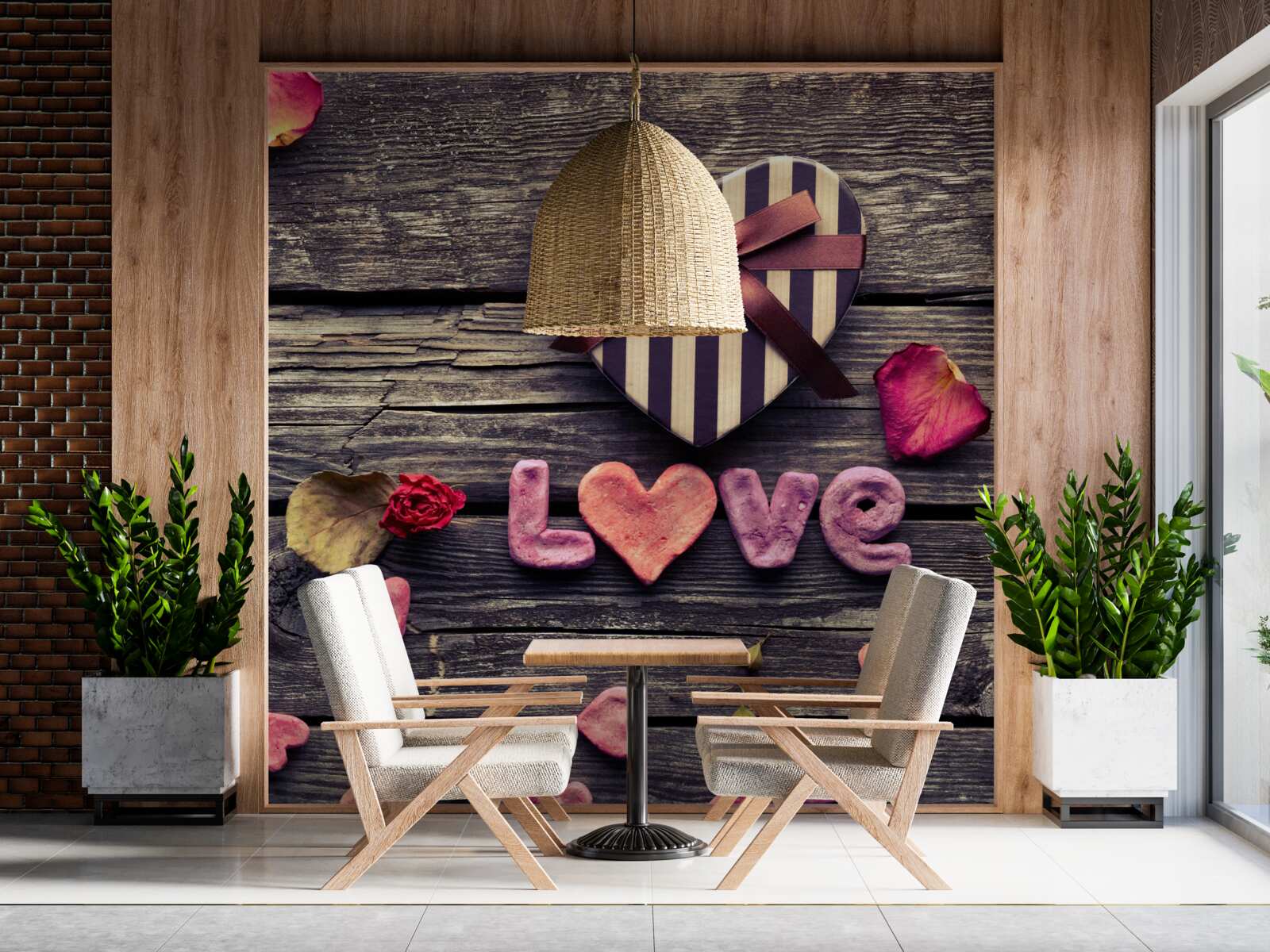 Papier peint boîte en forme de cœur avec "love" écrit dessus