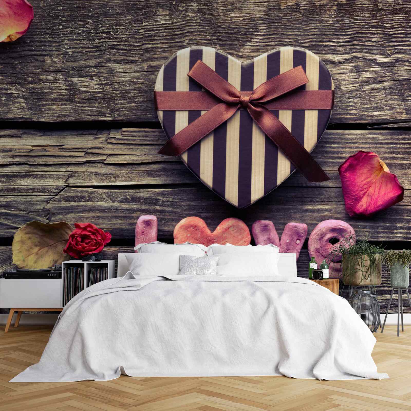 Papier peint boîte en forme de cœur avec "love" écrit dessus