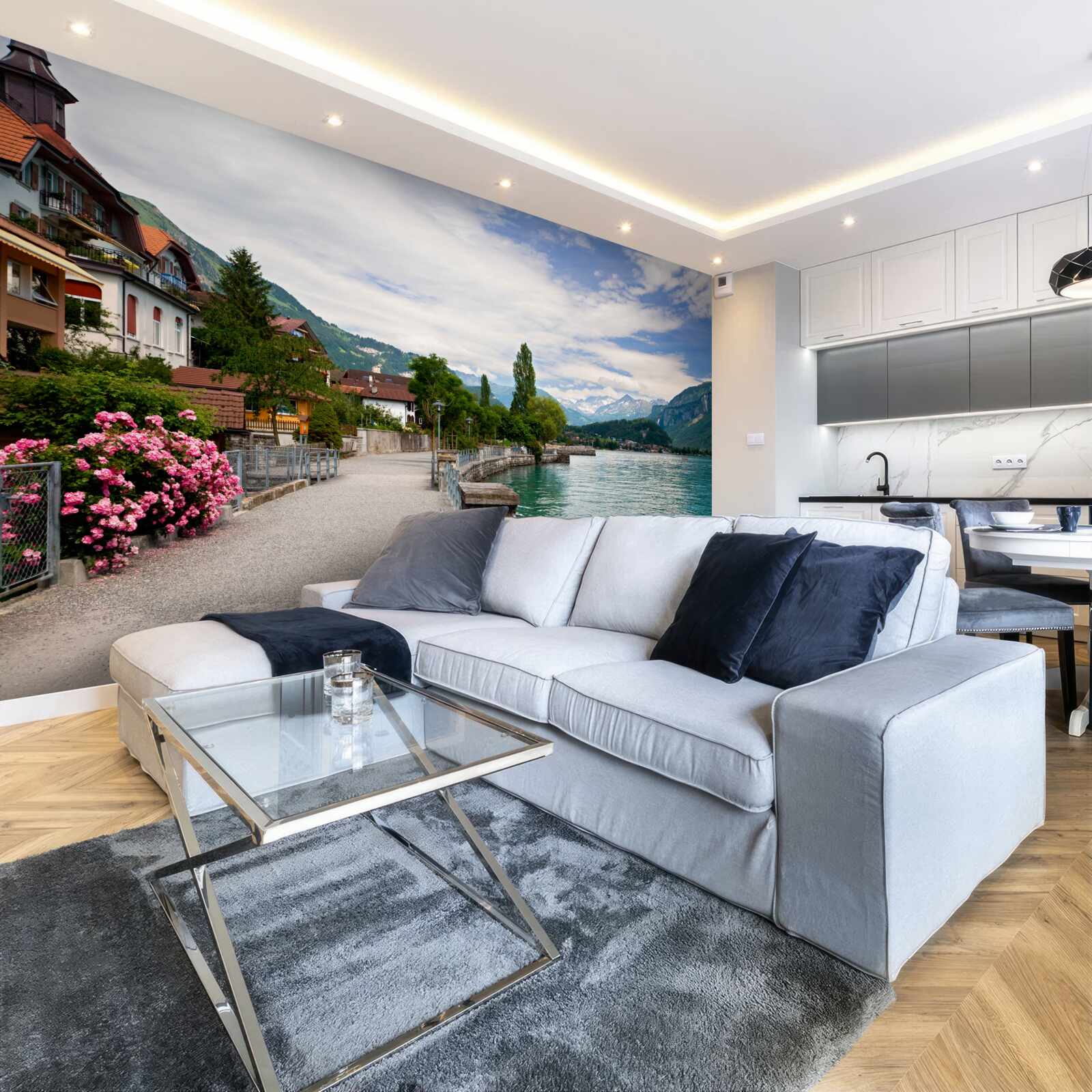 Papier peint établissement dans les montagnes près du réservoir