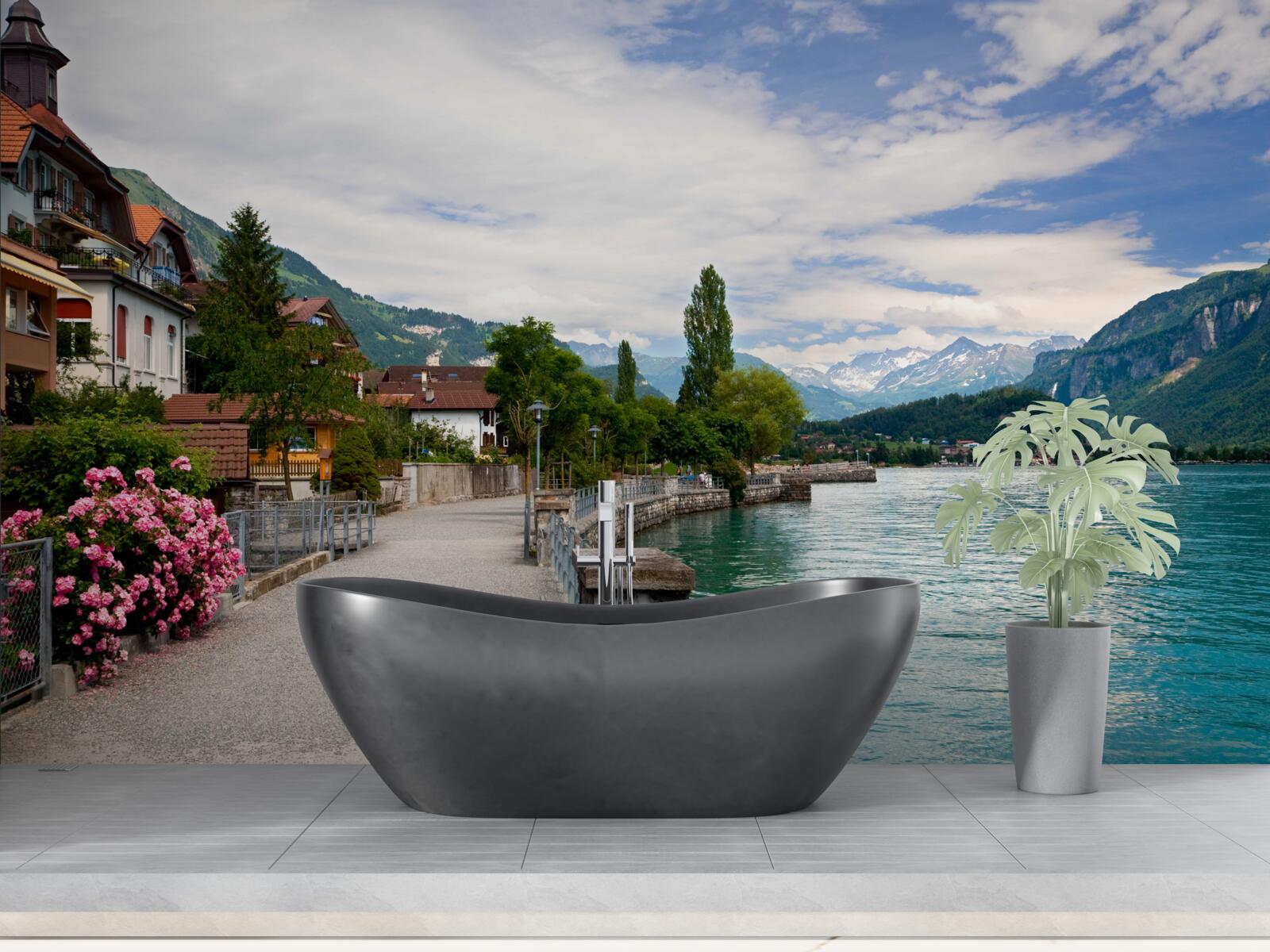 Papier peint établissement dans les montagnes près du réservoir