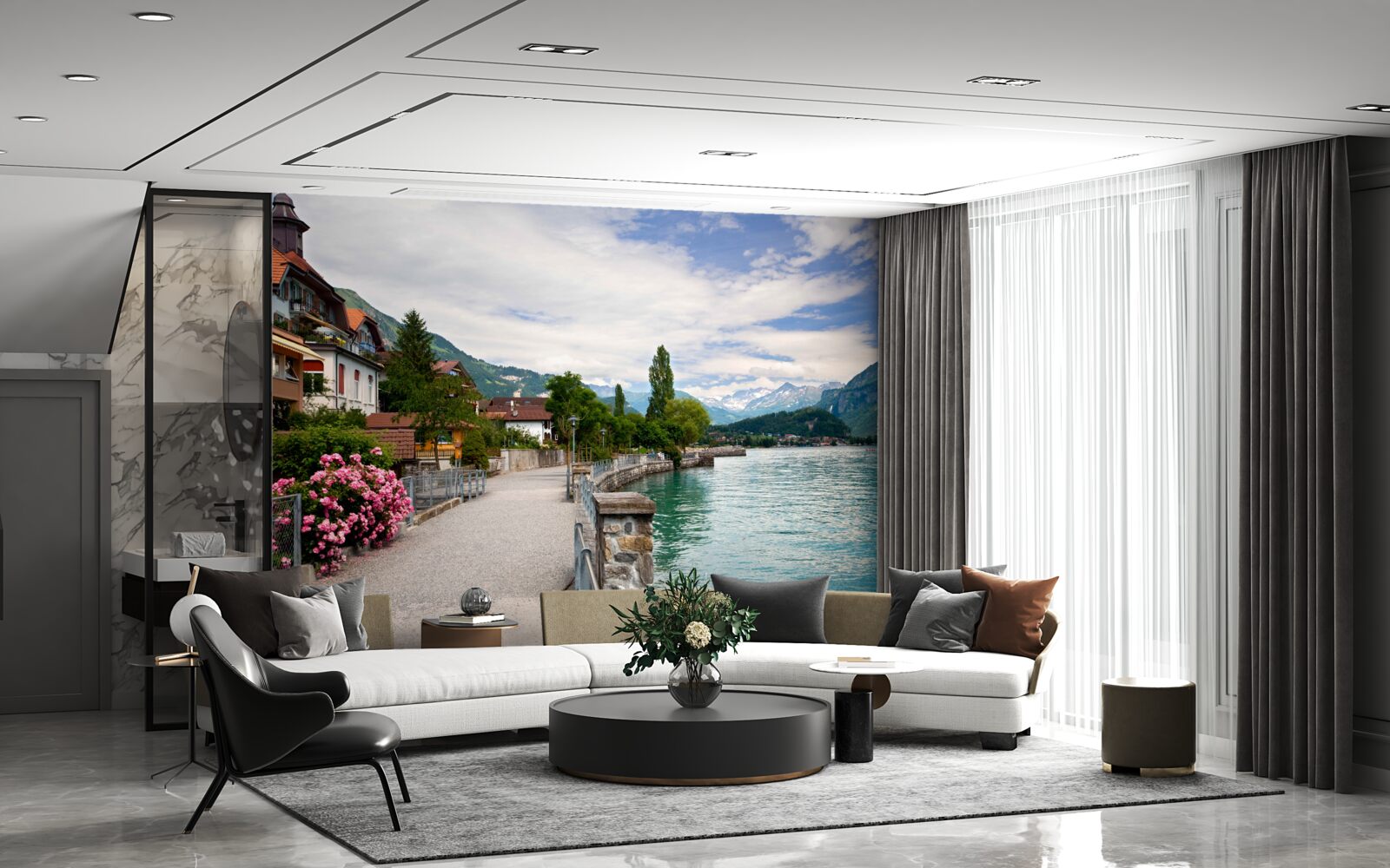 Papier peint établissement dans les montagnes près du réservoir