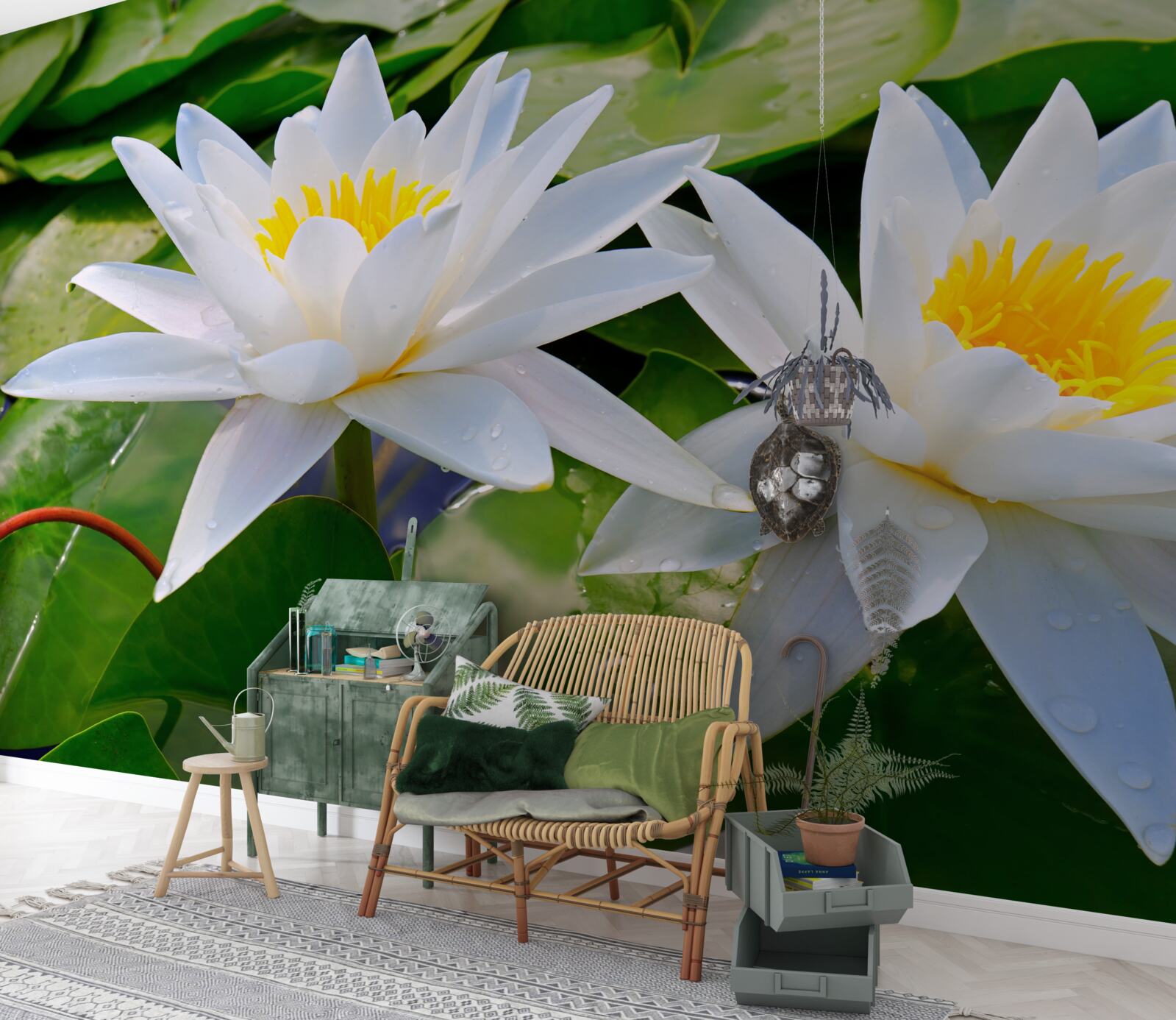 Papier peint nénuphars blancs parmi les feuilles vertes