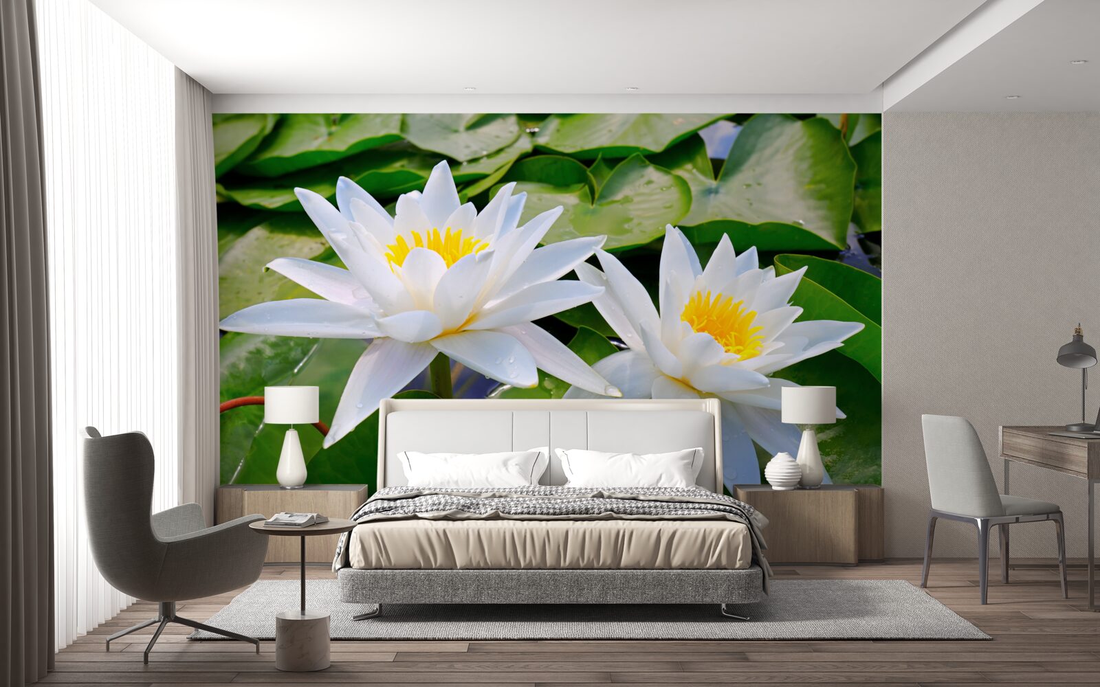 Papier peint nénuphars blancs parmi les feuilles vertes