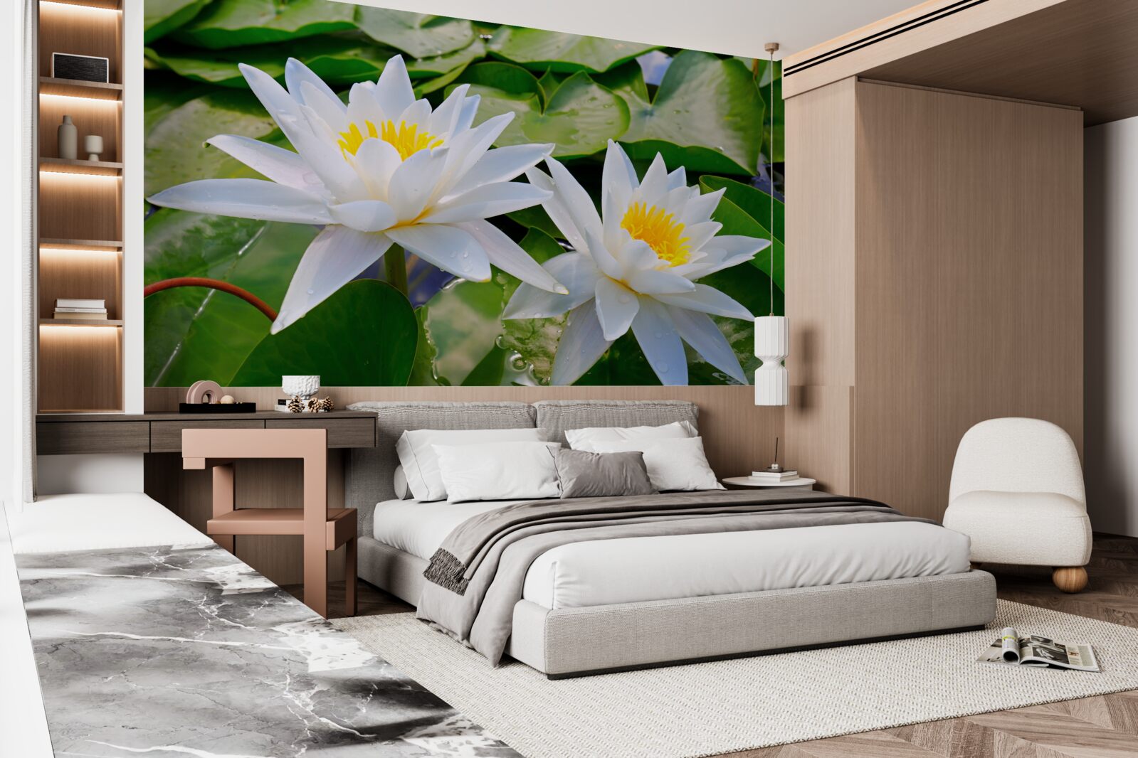 Papier peint nénuphars blancs parmi les feuilles vertes