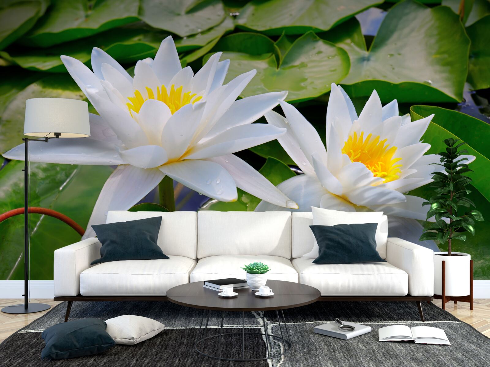 Papier peint nénuphars blancs parmi les feuilles vertes