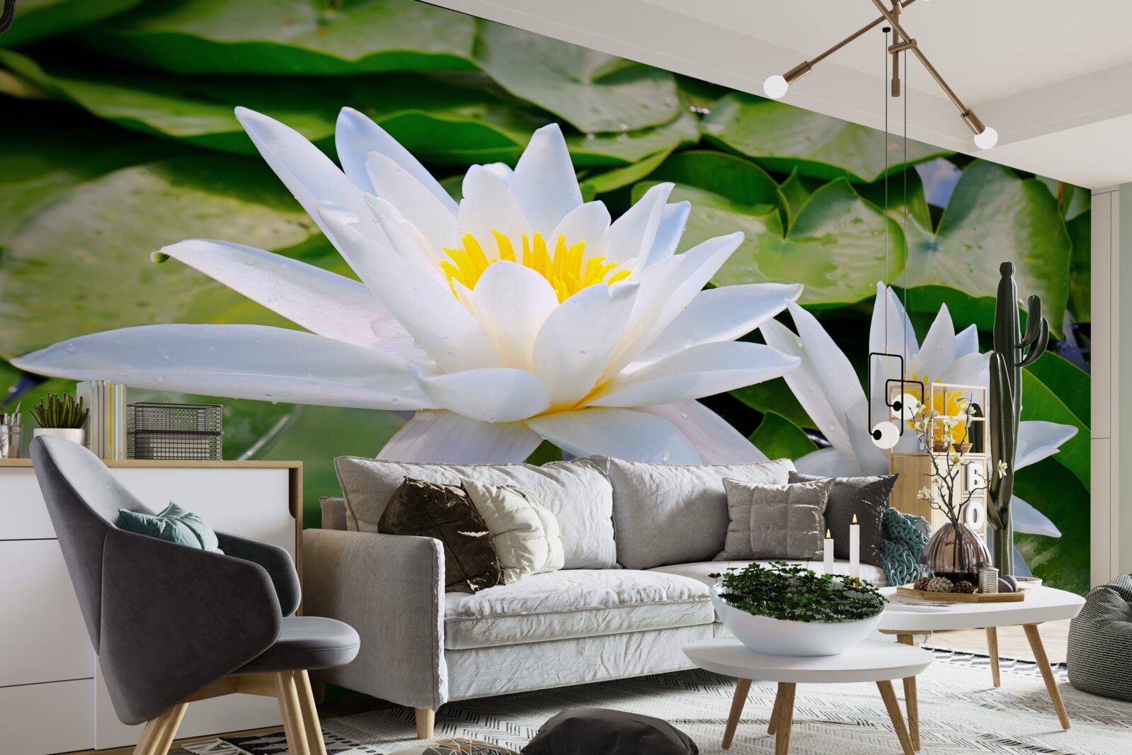 Papier peint nénuphars blancs parmi les feuilles vertes