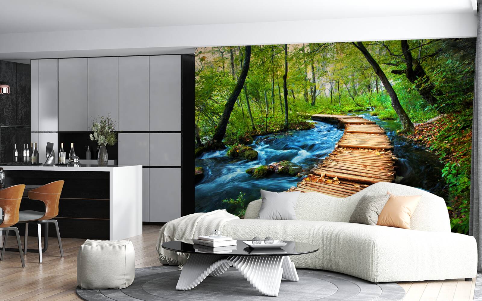 Papier peint un pont en bois traversant une forêt dense