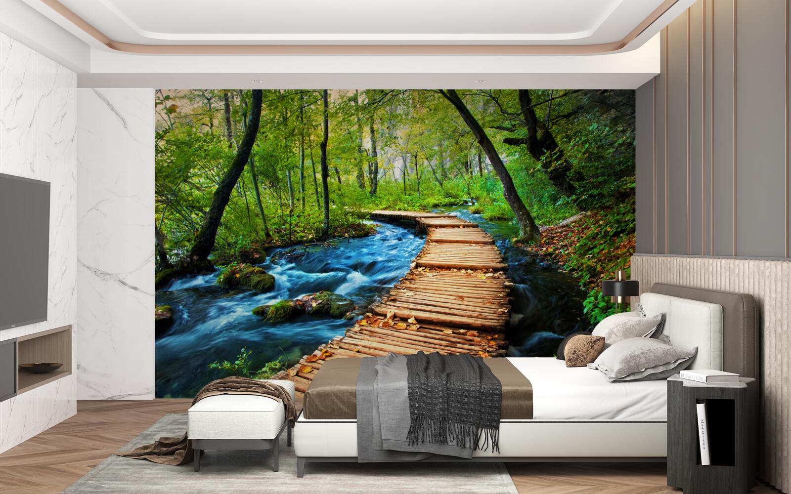 Papier peint un pont en bois traversant une forêt dense