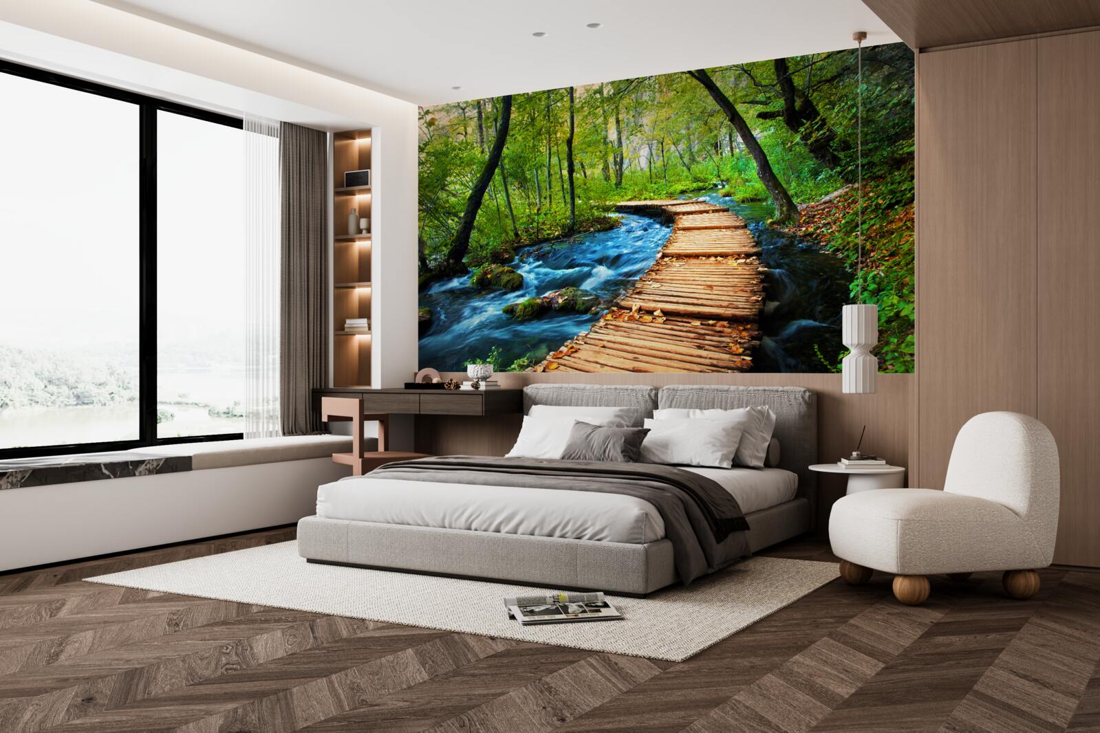 Papier peint un pont en bois traversant une forêt dense