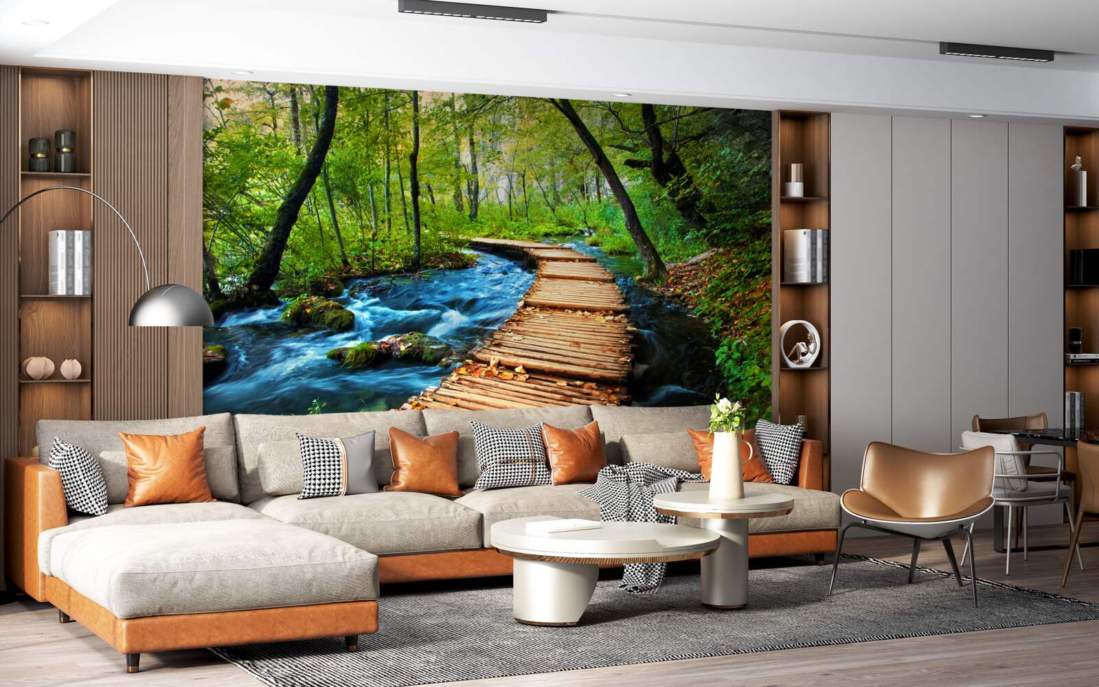 Papier peint un pont en bois traversant une forêt dense