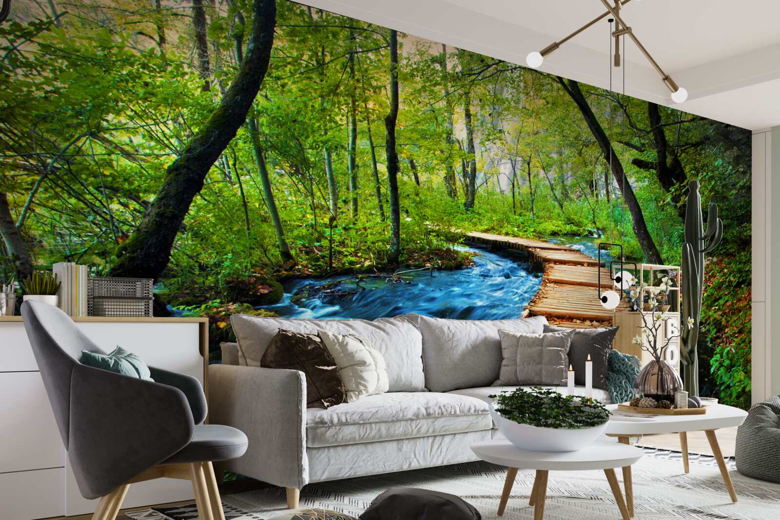 Papier peint un pont en bois traversant une forêt dense