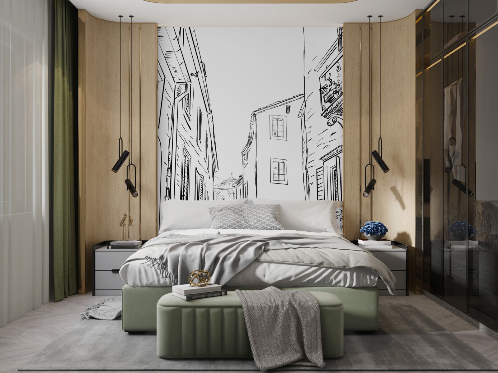 Papier peint dessin au crayon d'une ville ancienne