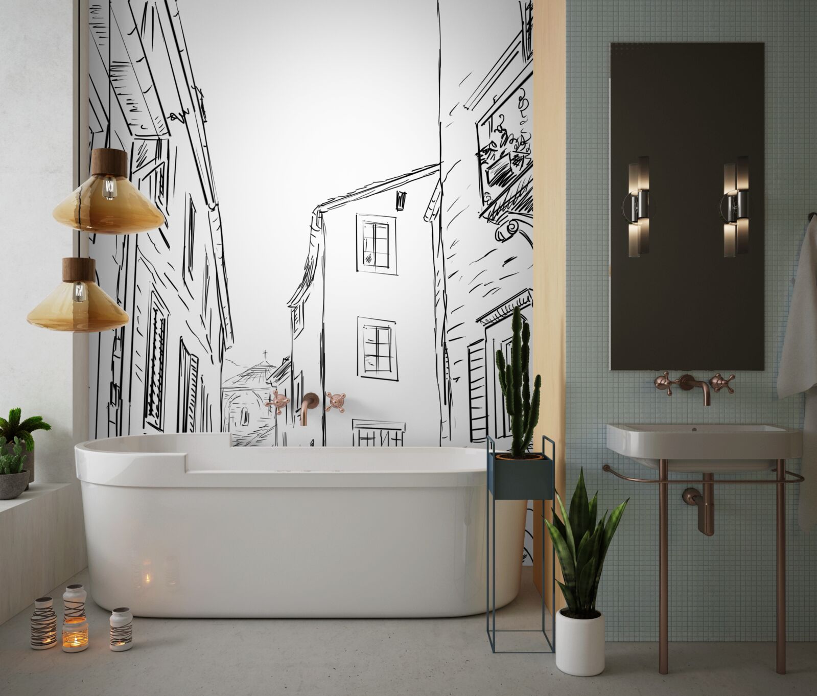 Papier peint dessin au crayon d'une ville ancienne