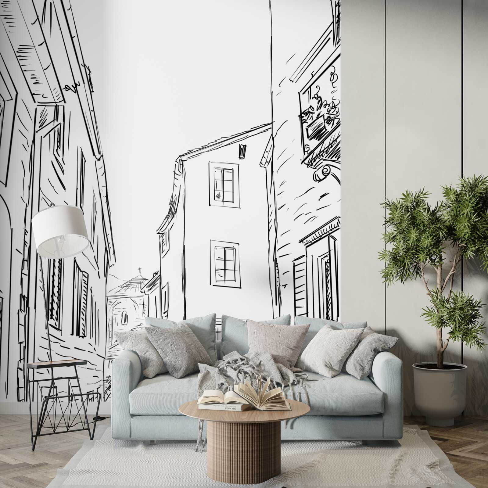 Papier peint dessin au crayon d'une ville ancienne