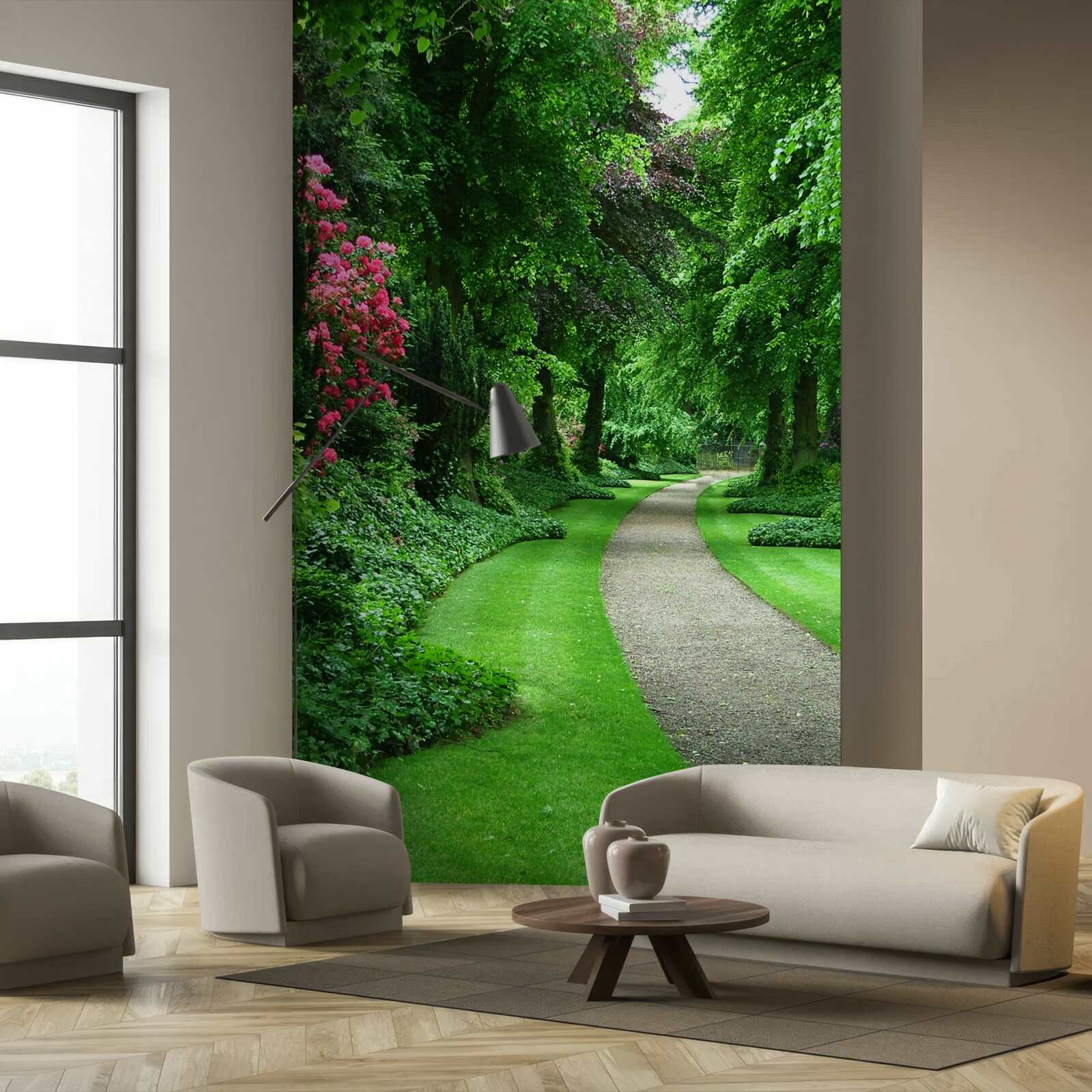 Papier peint chemin entre les arbres émeraude