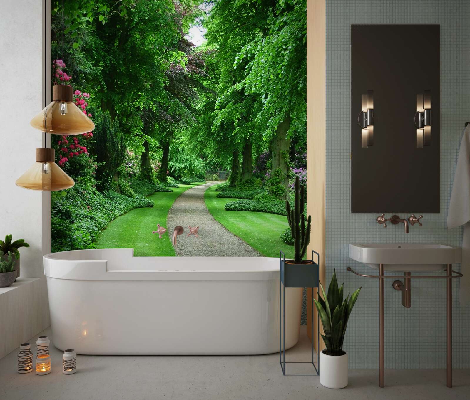 Papier peint chemin entre les arbres émeraude