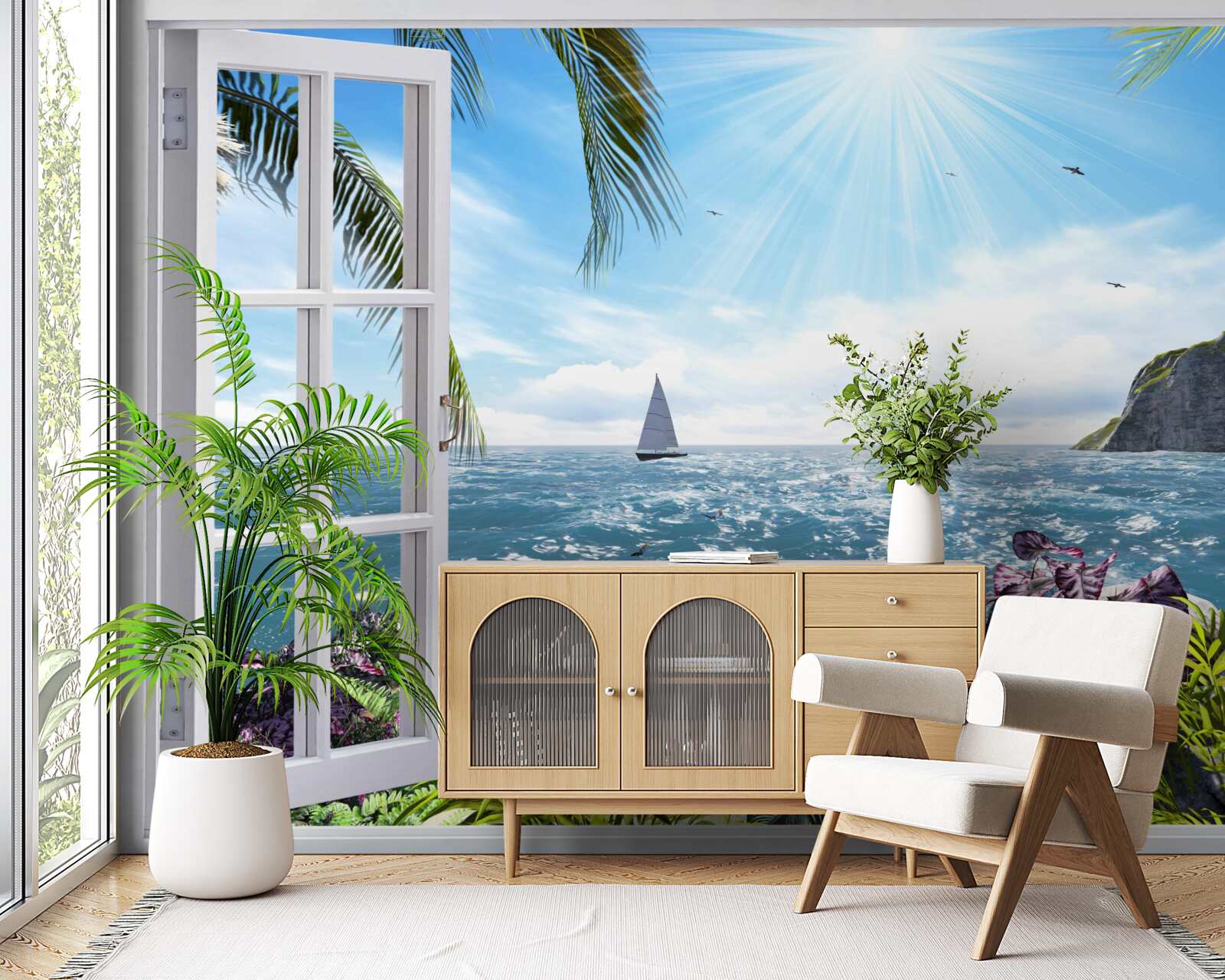 Papier peint une vue magnifique sur l'océan depuis la fenêtre
