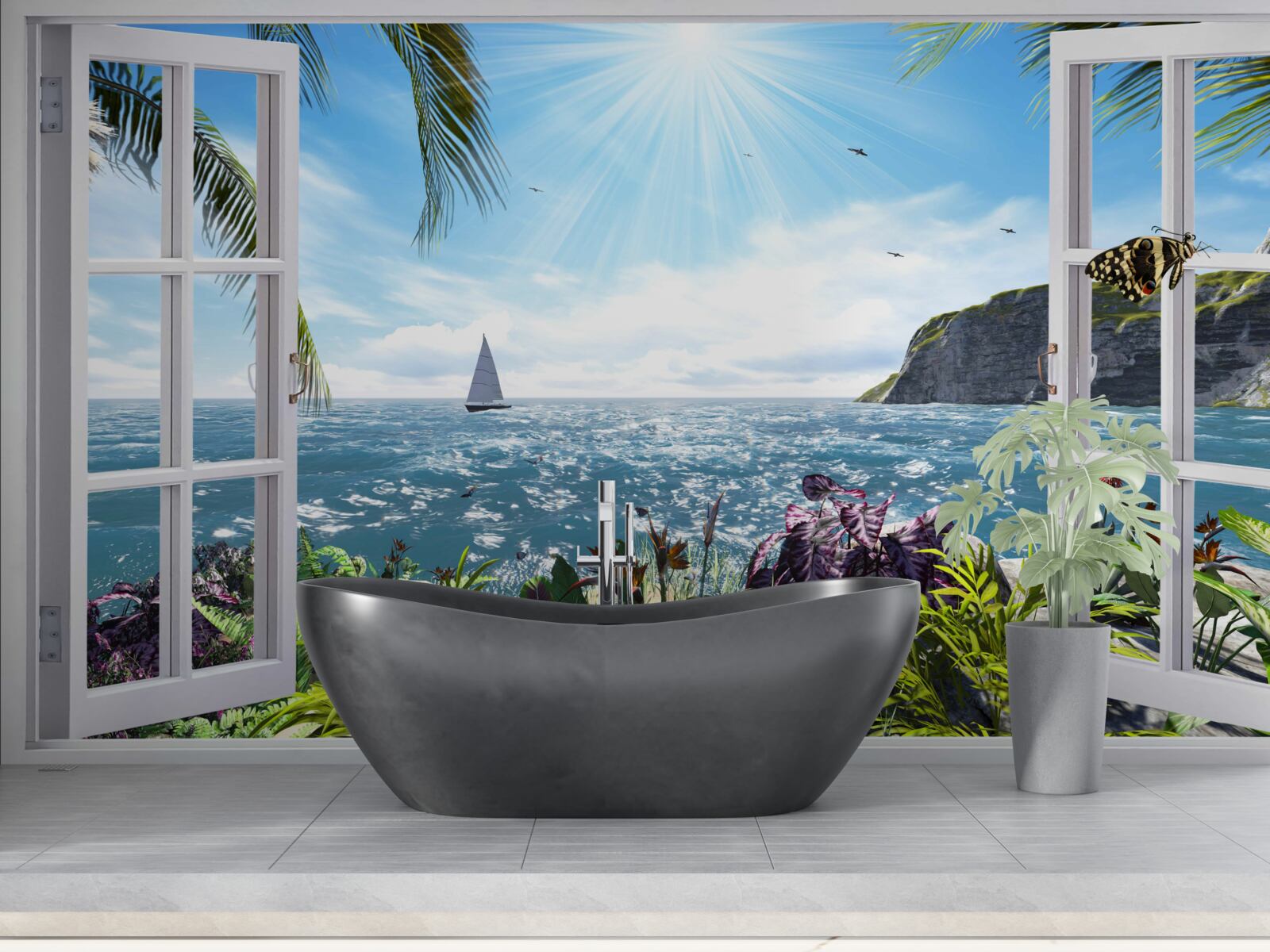 Papier peint une vue magnifique sur l'océan depuis la fenêtre