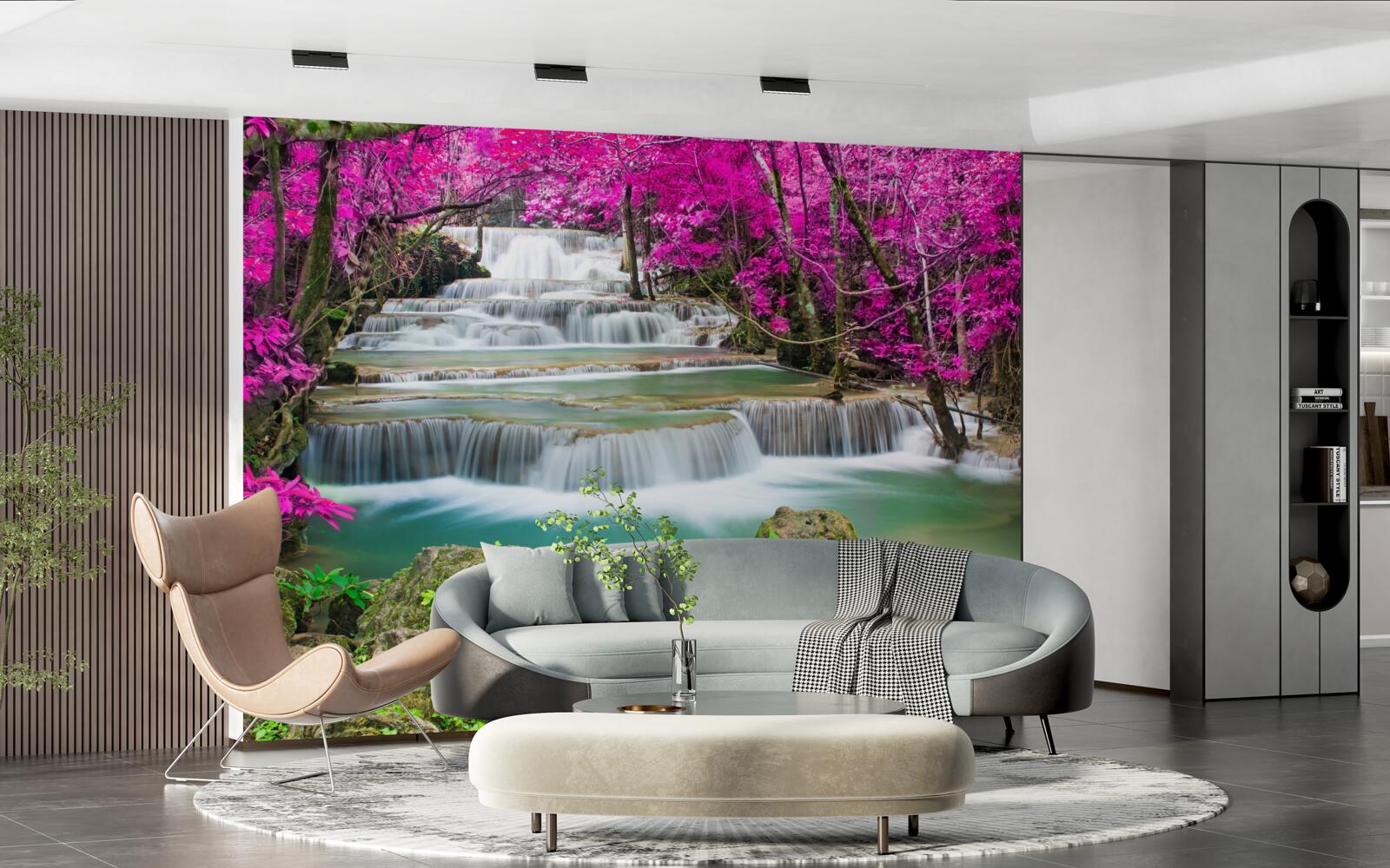 Papier peint arbres à fleurs près d'une cascade en escalier