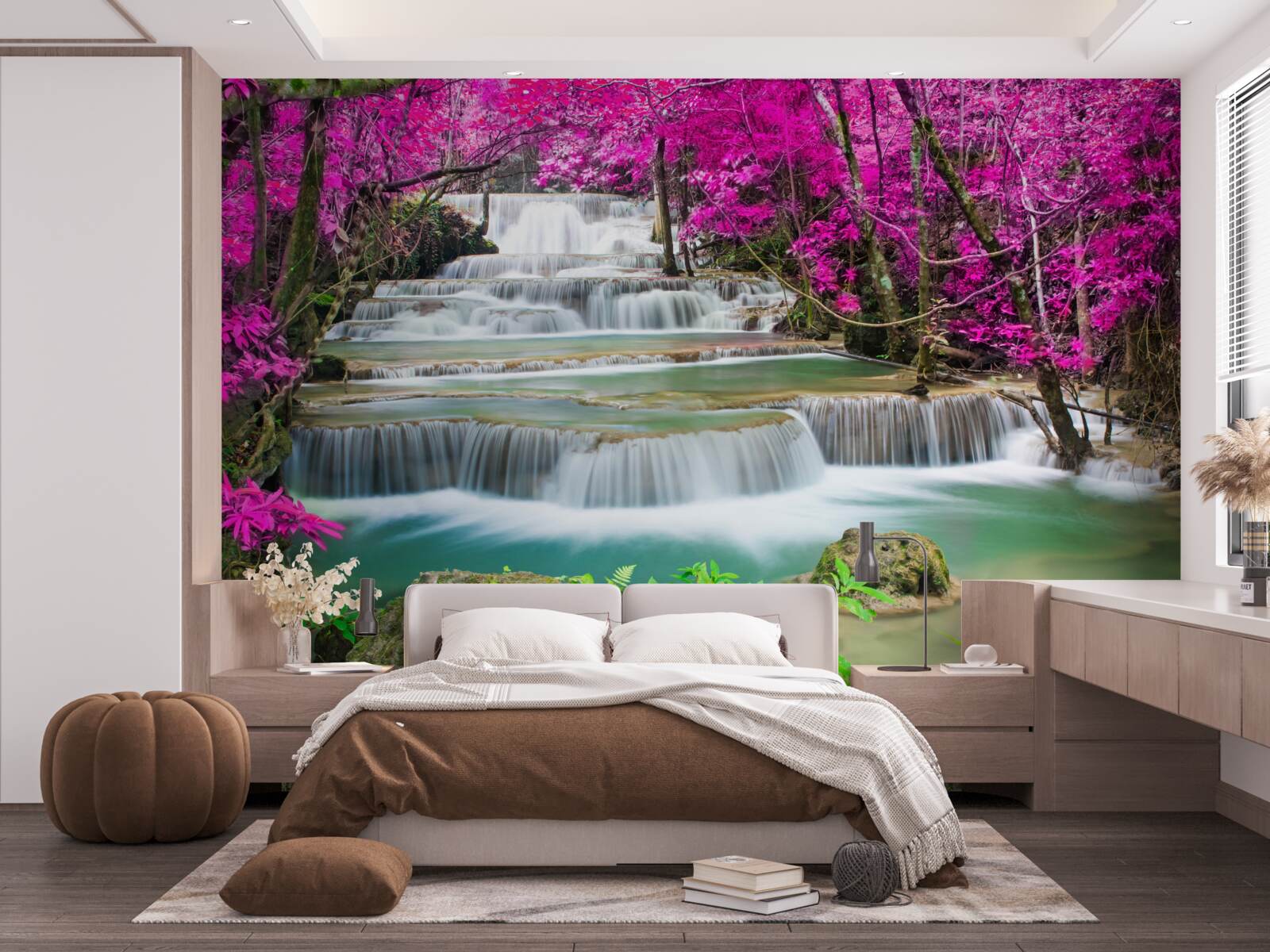 Papier peint arbres à fleurs près d'une cascade en escalier