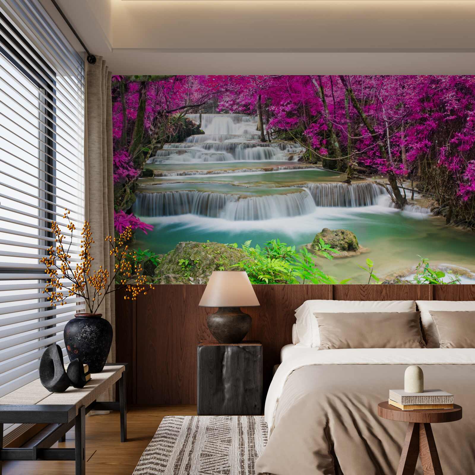 Papier peint arbres à fleurs près d'une cascade en escalier
