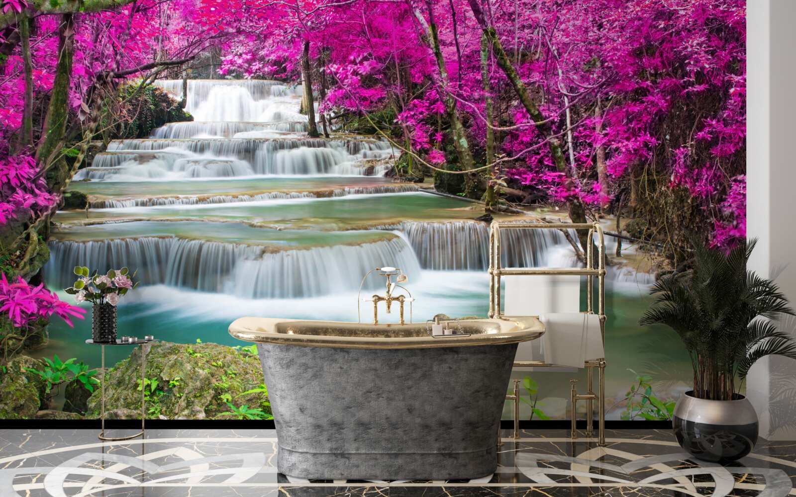 Papier peint arbres à fleurs près d'une cascade en escalier