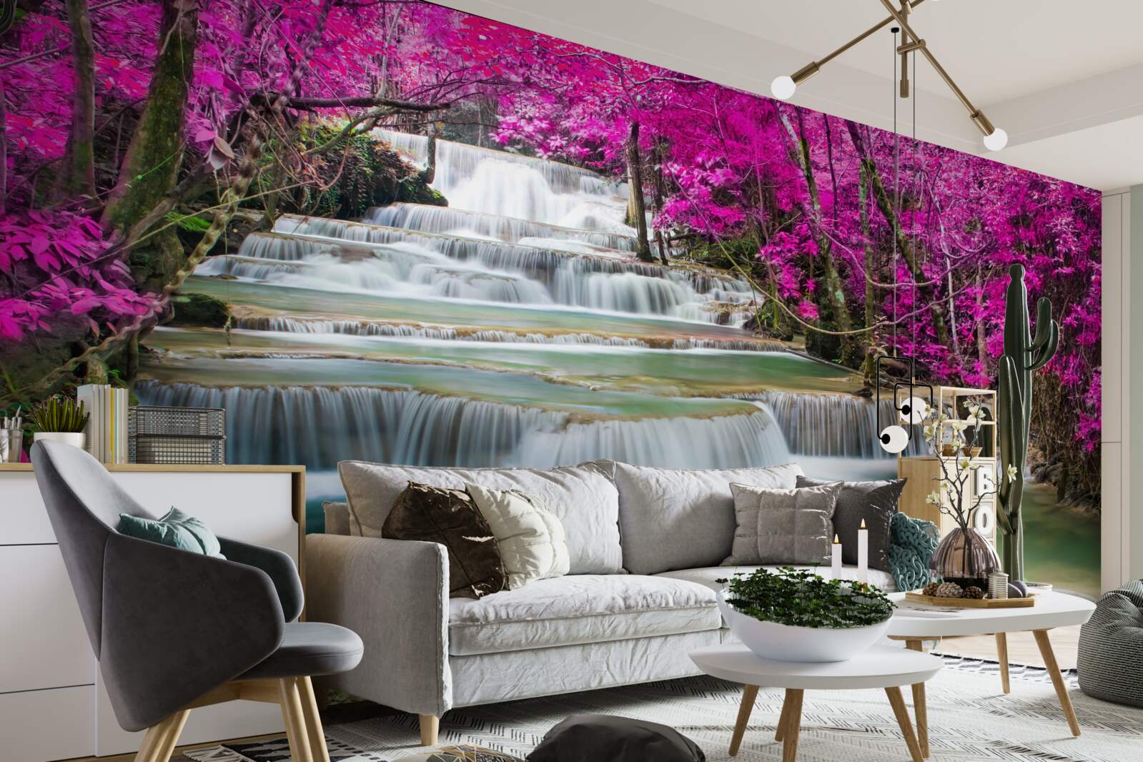 Papier peint arbres à fleurs près d'une cascade en escalier