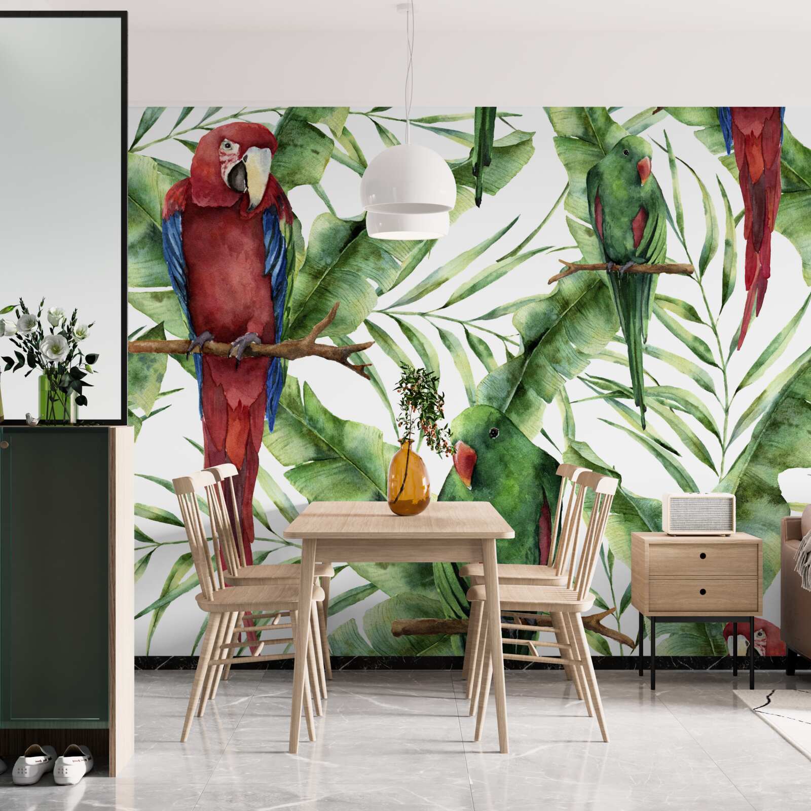 Papier peint branches tropicales avec perroquets