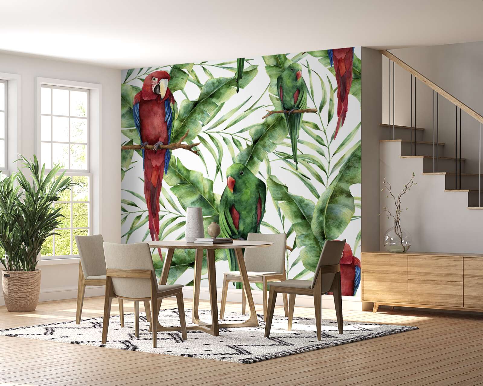 Papier peint branches tropicales avec perroquets