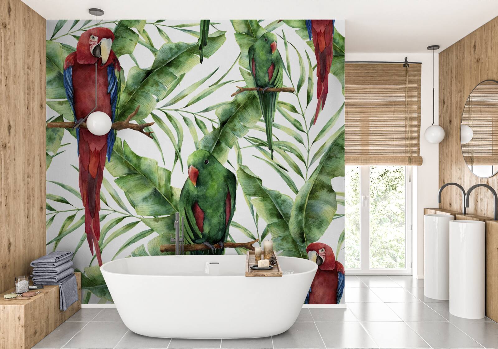 Papier peint branches tropicales avec perroquets