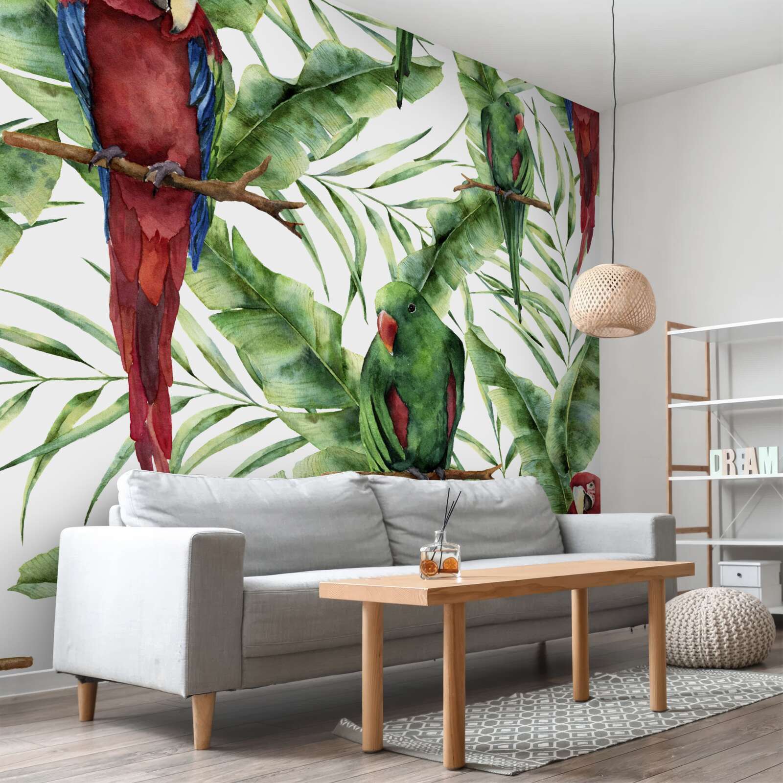 Papier peint branches tropicales avec perroquets