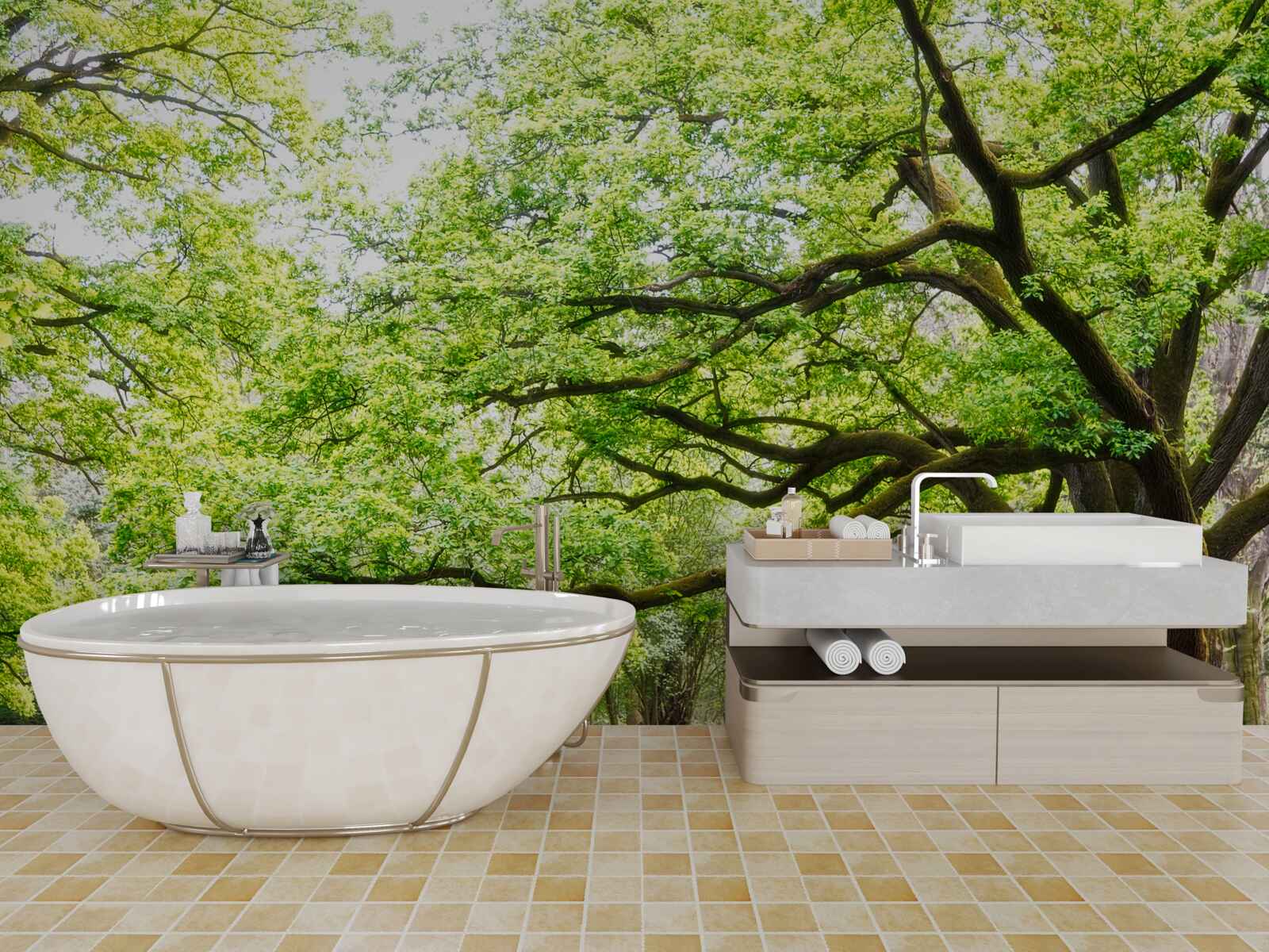 Papier peint vieil arbre aux feuilles vertes par une journée d'été