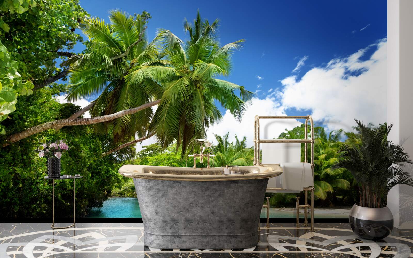 Papier peint palmiers tropicaux et eau turquoise